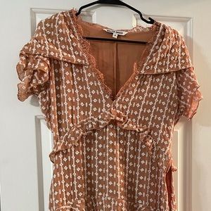 Women’s Peach Layered Sundress with White Geometric Embroidery
